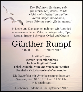 Traueranzeige von Günther Rumpf von WVG - Wochenspiegel SGH