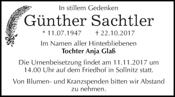 Traueranzeige von Günther Sachtler von WVG - Wochenspiegel Dessau / Köthen