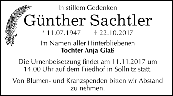 Traueranzeige von Günther Sachtler von Mitteldeutsche Zeitung