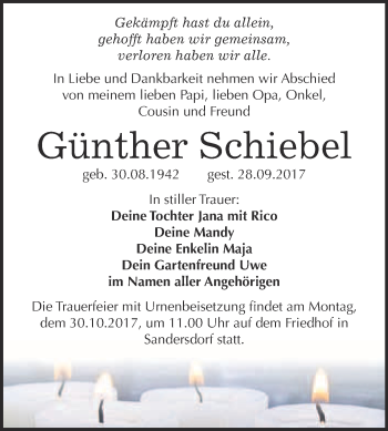 Traueranzeige von Günther Schiebel von WVG - Wochenspiegel Bitterfeld