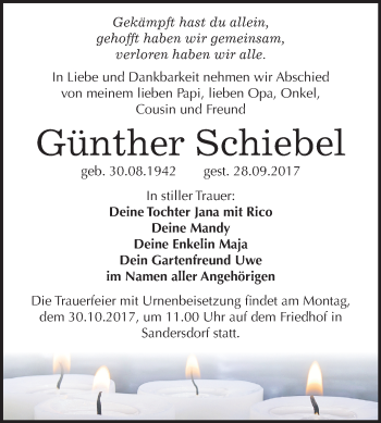 Traueranzeige von Günther Schiebel von Mitteldeutsche Zeitung Bitterfeld