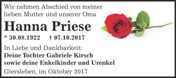 Traueranzeige von Hanna Priese von Super Sonntag Aschersleben