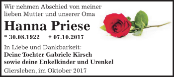 Traueranzeige von Hanna Priese von Mitteldeutsche Zeitung Aschersleben