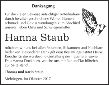Traueranzeige von Hanna Staub von Super Sonntag Aschersleben