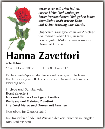 Traueranzeige von Hanna Zavettori von Super Sonntag SGH Mansf. Land