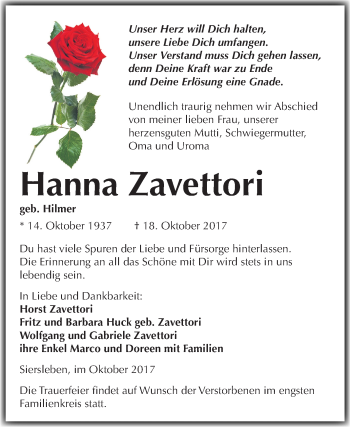 Traueranzeige von Hanna Zavettori von Mitteldeutsche Zeitung