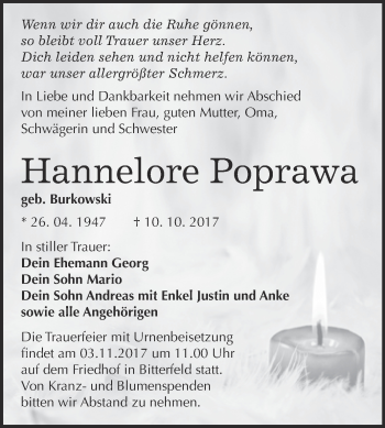 Traueranzeige von Hannelore Poprawa von WVG - Wochenspiegel Bitterfeld
