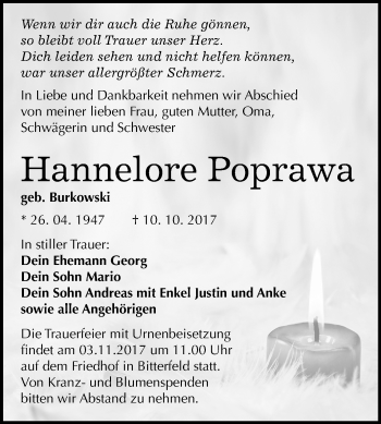 Traueranzeige von Hannelore Poprawa von Mitteldeutsche Zeitung Bitterfeld