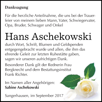 Traueranzeige von Hans Aschekowski von WVG - Wochenspiegel SGH