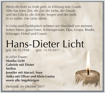 Traueranzeige von Hans-Dieter Licht von Super Sonntag SGH Mansf. Land