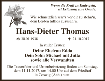 Traueranzeige von Hans-Dieter Thomas von WVG - Wochenspiegel Dessau / Köthen