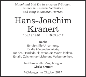 Traueranzeige von Hans-Joachim Kranert von WVG - Wochenspiegel Wittenberg