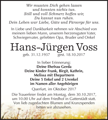Traueranzeige von Hans-Jürgen Voss von WVG - Wochenspiegel Merseburg