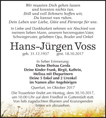 Traueranzeige von Hans-Jürgen Voss von Mitteldeutsche Zeitung Merseburg/Querfurt