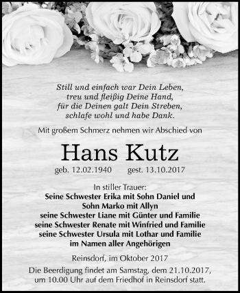 Traueranzeige von Hans Kutz von Mitteldeutsche Zeitung