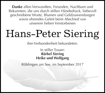 Traueranzeige von Hans-Peter Siering von Wochenspiegel Mansfelder Land