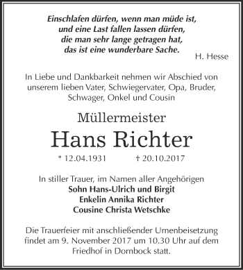 Traueranzeige von Hans Richter von Super Sonntag Bernburg