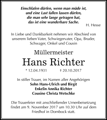 Traueranzeige von Hans Richter von Mitteldeutsche Zeitung Köthen