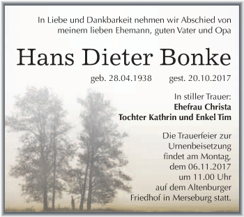 Traueranzeige von Hans Dieter Bonke von WVG - Wochenspiegel Merseburg