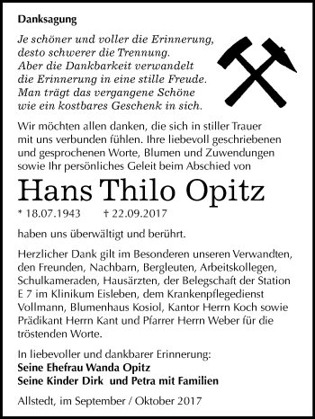 Traueranzeige von Hans Thilo Opitz von Mitteldeutsche Zeitung Sangerhausen