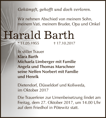 Traueranzeige von Harald Barth von Super Sonntag Zeitz