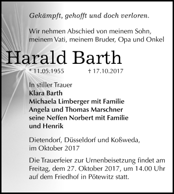 Traueranzeige von Harald Barth von Mitteldeutsche Zeitung Zeitz