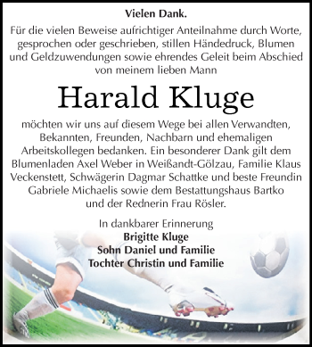 Traueranzeige von Harald Kluge von WVG - Wochenspiegel Dessau / Köthen