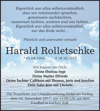 Traueranzeige von Harald Rolletschke von Mitteldeutsche Zeitung Merseburg/Querfurt