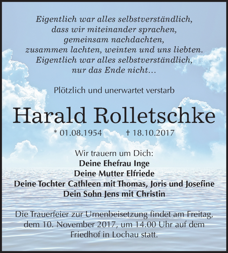  Traueranzeige für Harald Rolletschke vom 28.10.2017 aus Mitteldeutsche Zeitung Merseburg/Querfurt