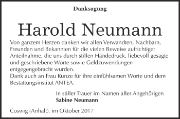 Traueranzeige von Harold Neumann von Super Sonntag Wittenberg