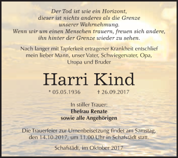 Traueranzeige von Harri Kind von WVG - Wochenspiegel Merseburg