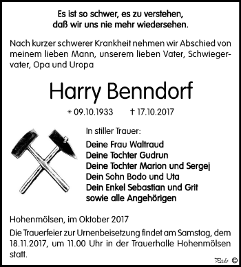 Traueranzeige von Harry Benndorf von Mitteldeutsche Zeitung Weißenfels