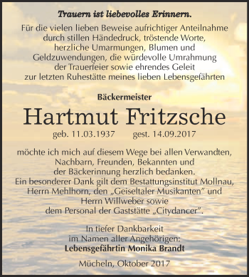 Traueranzeige von Hartmut Fritzsche von WVG - Wochenspiegel Merseburg