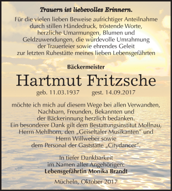 Traueranzeige von Hartmut Fritzsche von Mitteldeutsche Zeitung Merseburg/Querfurt