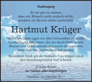 Traueranzeige von Hartmut Krüger von WVG - Wochenspiegel Merseburg