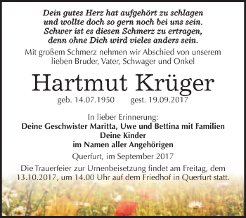Traueranzeige von Hartmut Krüger von WVG - Wochenspiegel Merseburg