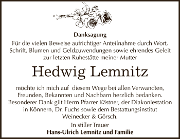 Traueranzeige von Hedwig Lemnitz von Super Sonntag Bernburg