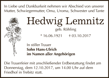Traueranzeige von Hedwig Lemnitz von Super Sonntag Bernburg