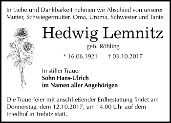 Traueranzeige von Hedwig Lemnitz von Mitteldeutsche Zeitung Bernburg