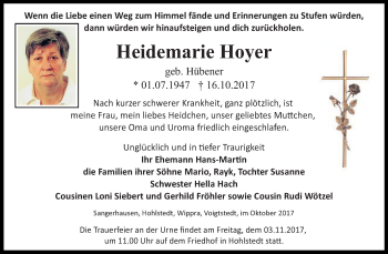 Traueranzeige von Heidemarie Hoyer von Mitteldeutsche Zeitung Sangerhausen