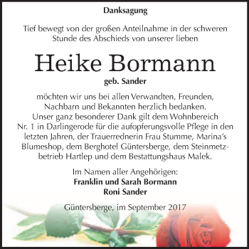 Traueranzeige von Heike Bormann von WVG - Wochenspiegel Quedlinburg
