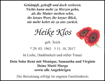 Traueranzeige von Heike Klos von Mitteldeutsche Zeitung Bitterfeld