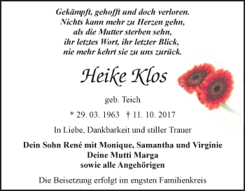 Traueranzeige von Heike Klos von WVG - Wochenspiegel Bitterfeld