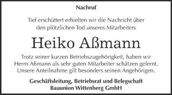 Traueranzeige von Heiko Aßmann von WVG - Wochenspiegel Wittenberg