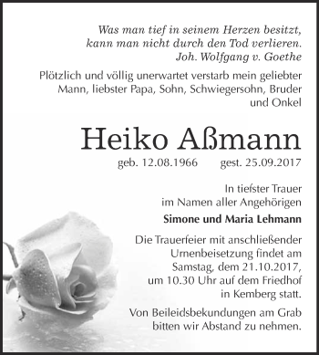 Traueranzeige von Heiko Aßmann von WVG - Wochenspiegel Wittenberg