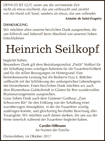 Traueranzeige von Heinrich  Seilkopf von Super Sonntag Bernburg