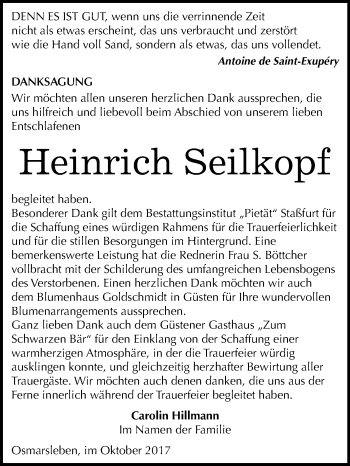 Traueranzeige von Heinrich  Seilkopf von Mitteldeutsche Zeitung Bernburg