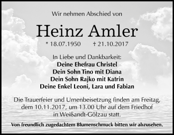 Traueranzeige von Heinz Amler von Mitteldeutsche Zeitung Köthen