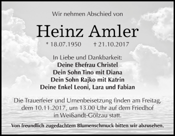 Traueranzeige von Heinz Amler von WVG - Wochenspiegel Dessau / Köthen