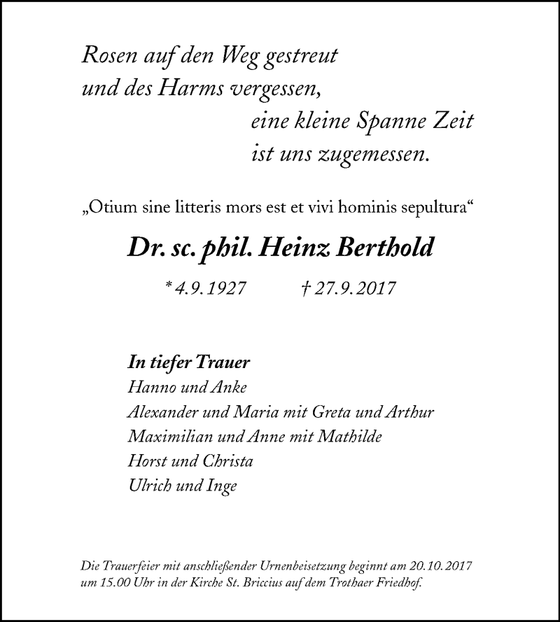  Traueranzeige für Heinz Berthold vom 07.10.2017 aus Mitteldeutsche Zeitung Halle/Saalkreis